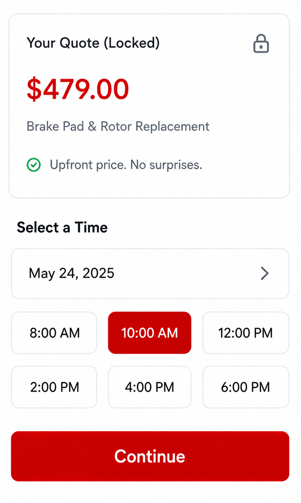 Mobile brake repair quote and appointment time selection