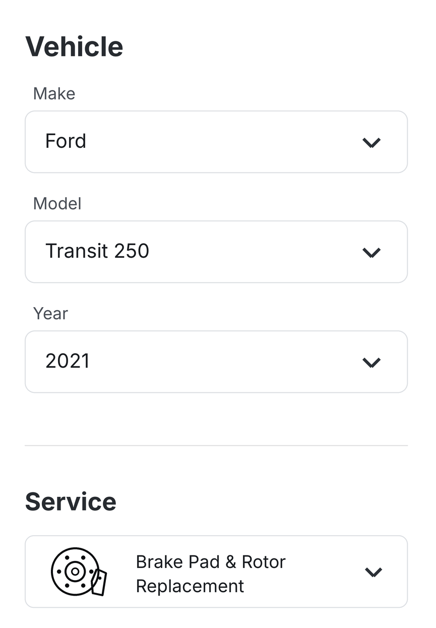 Select vehicle and mobile brake service online